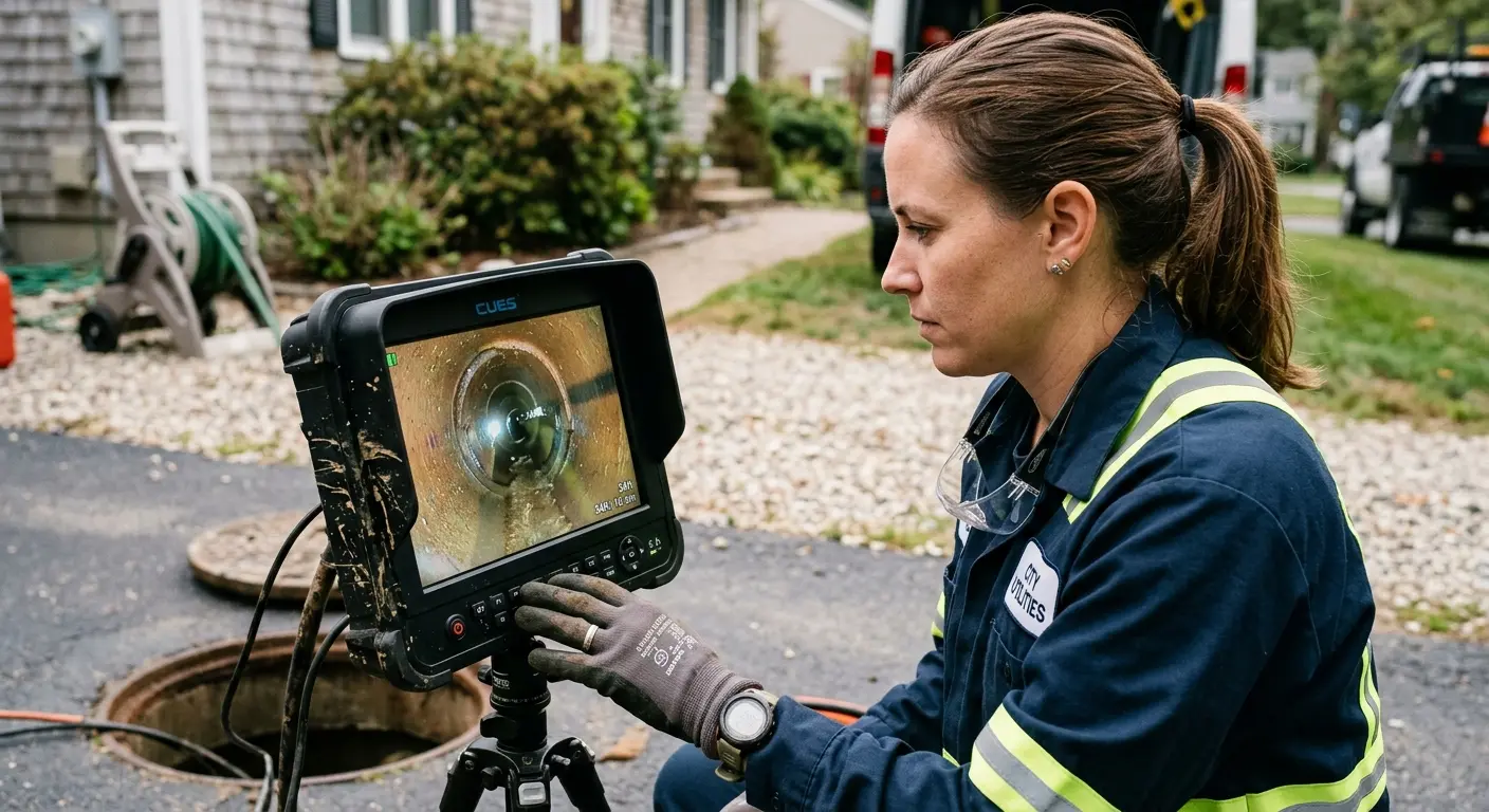 Technician reviewing sewer camera inspection footage in Pine Ridge