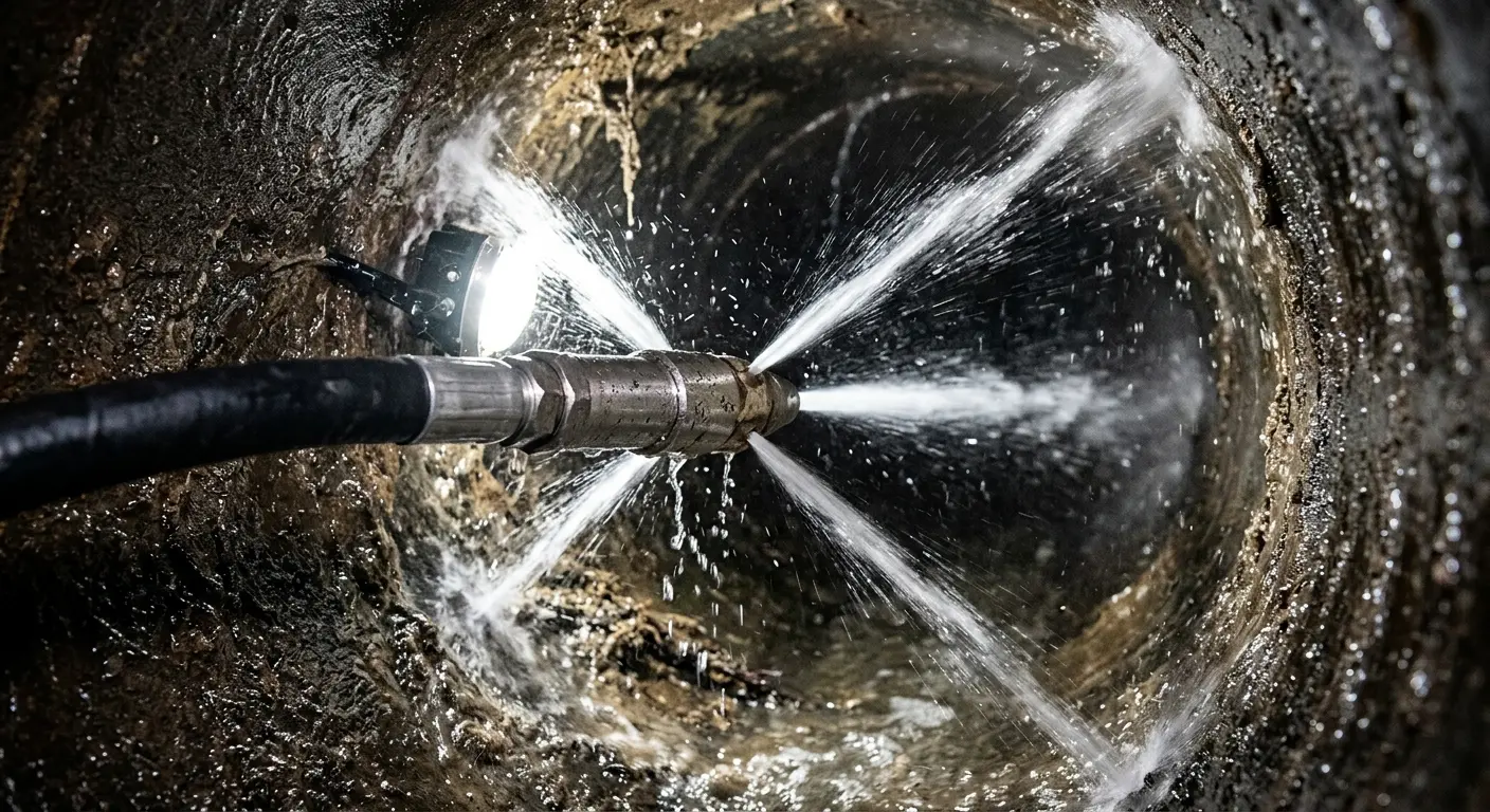 High-pressure hydro jetting nozzle cleaning sewer pipe for Emergency Drain Service in Pine Ridge