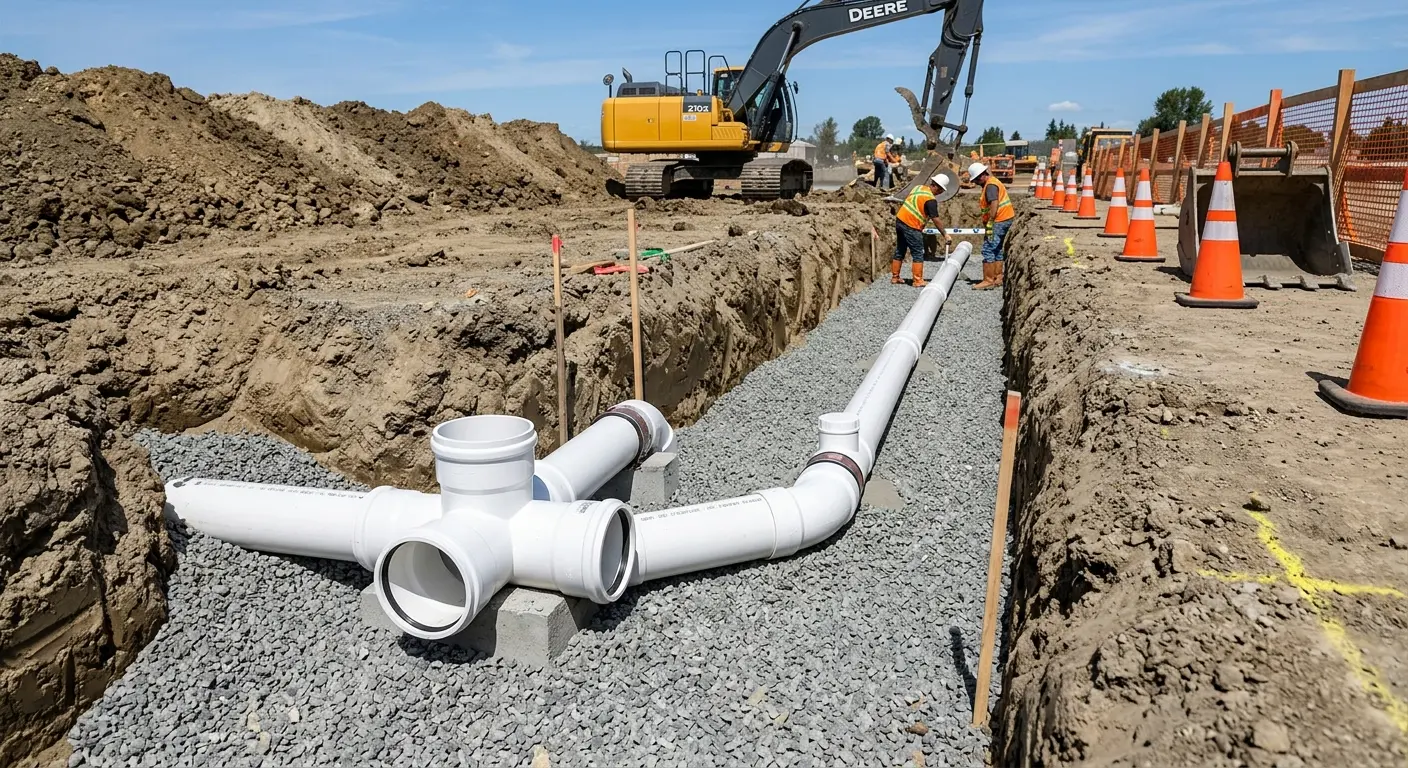 New PVC sewer pipe installation in open trench for Sewer Backup in Pine Ridge
