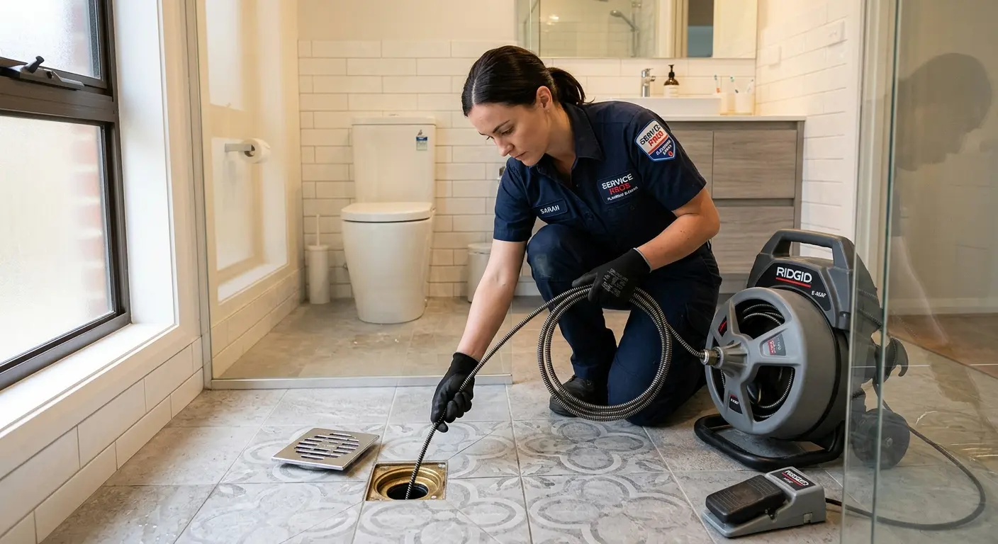 Technician clearing a bathroom floor drain for Drain Cleaning in Pine Ridge